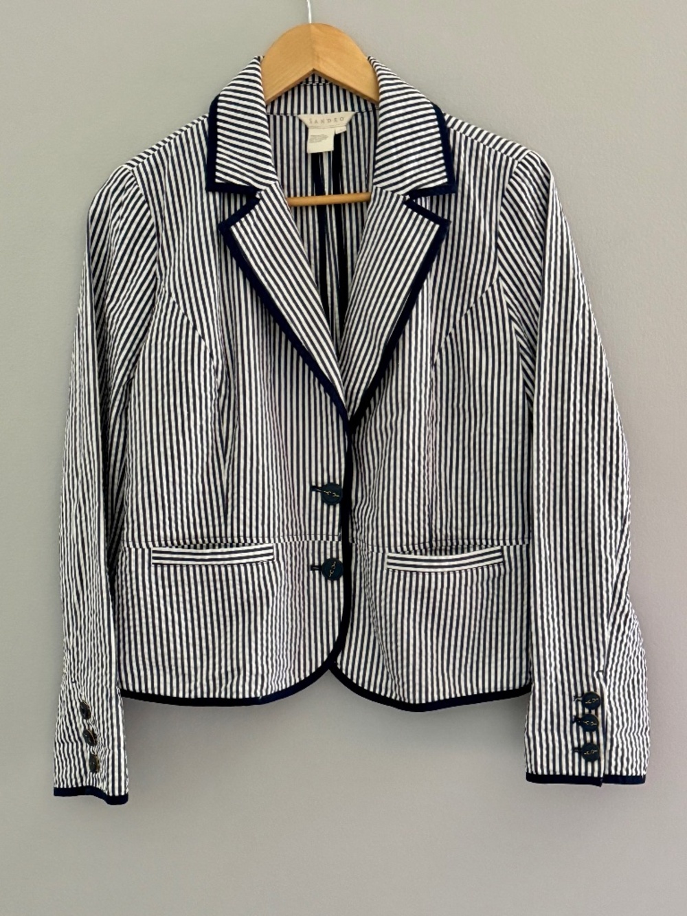Sandro Cotton Blazer Blue White Stripe Nautical Styling Seersucker Jacket Large - Picture 2 of 16
